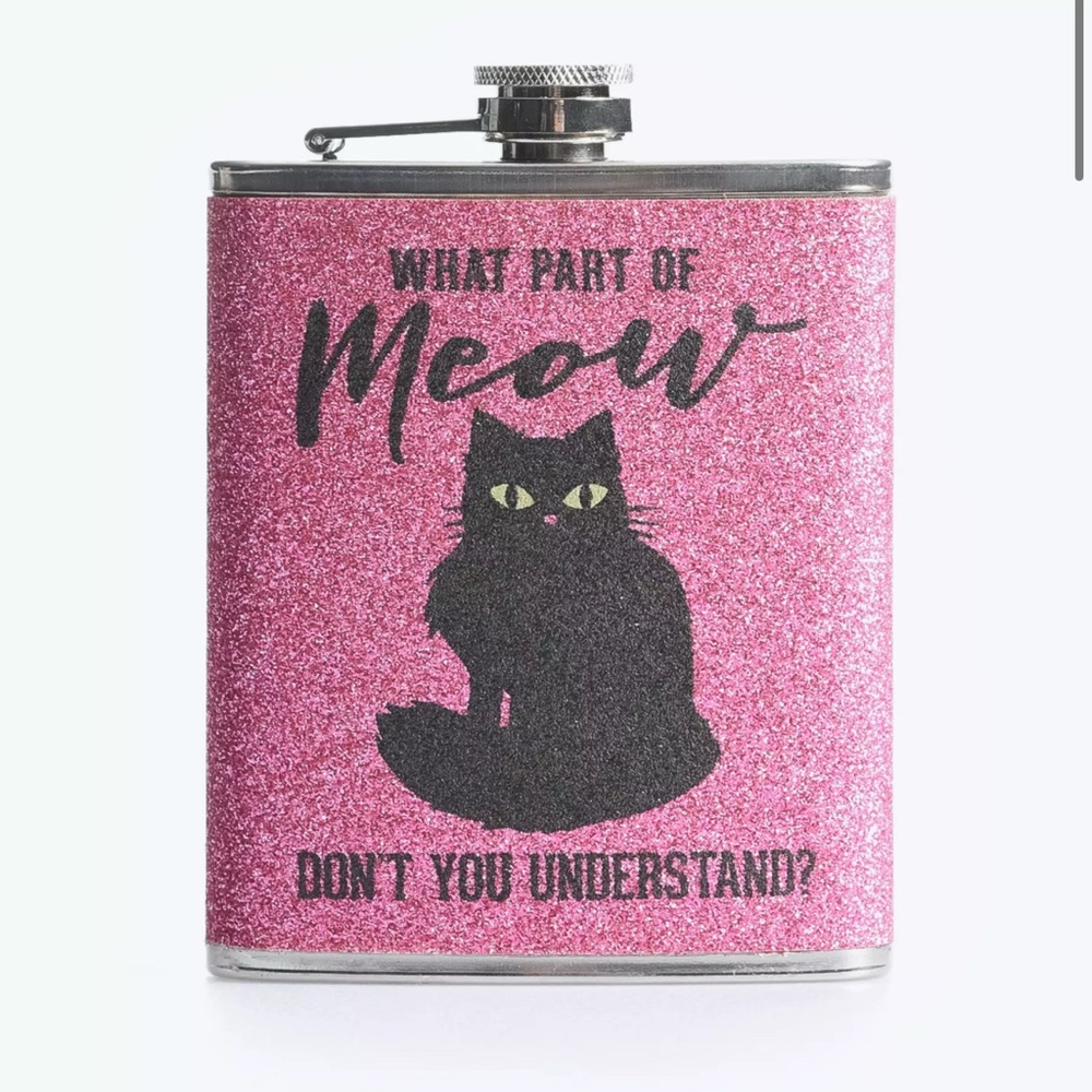 Sparkly pink cat flask with two shot glasses.